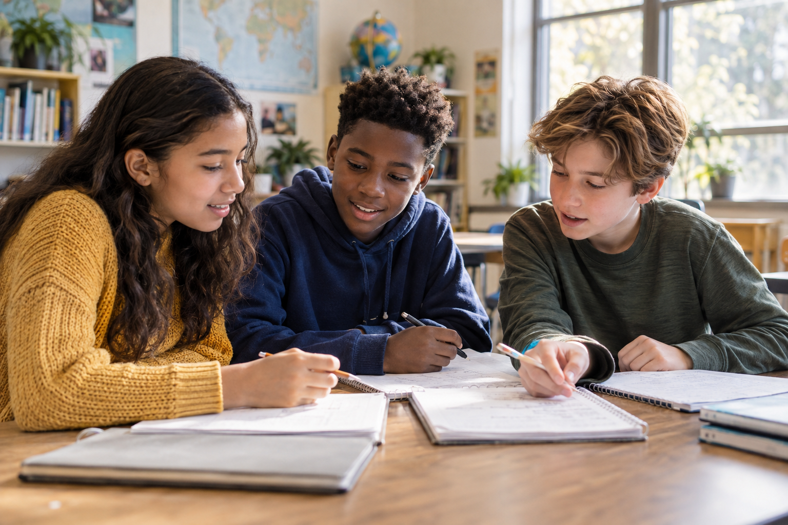 Illustrative scene of students learning together at a classroom table